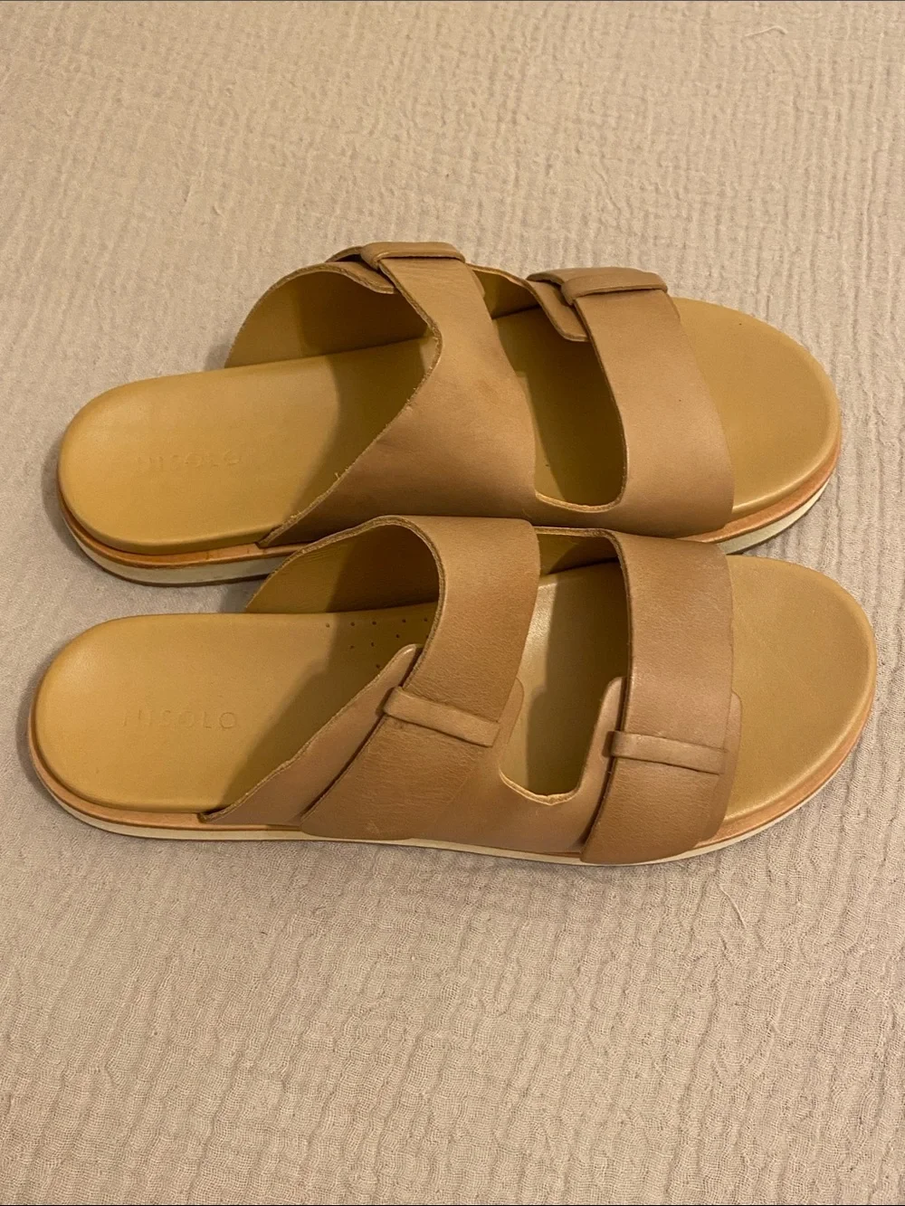 NISOLO Women's Double Strap Slide Sandals in Tan. Size 7.5
